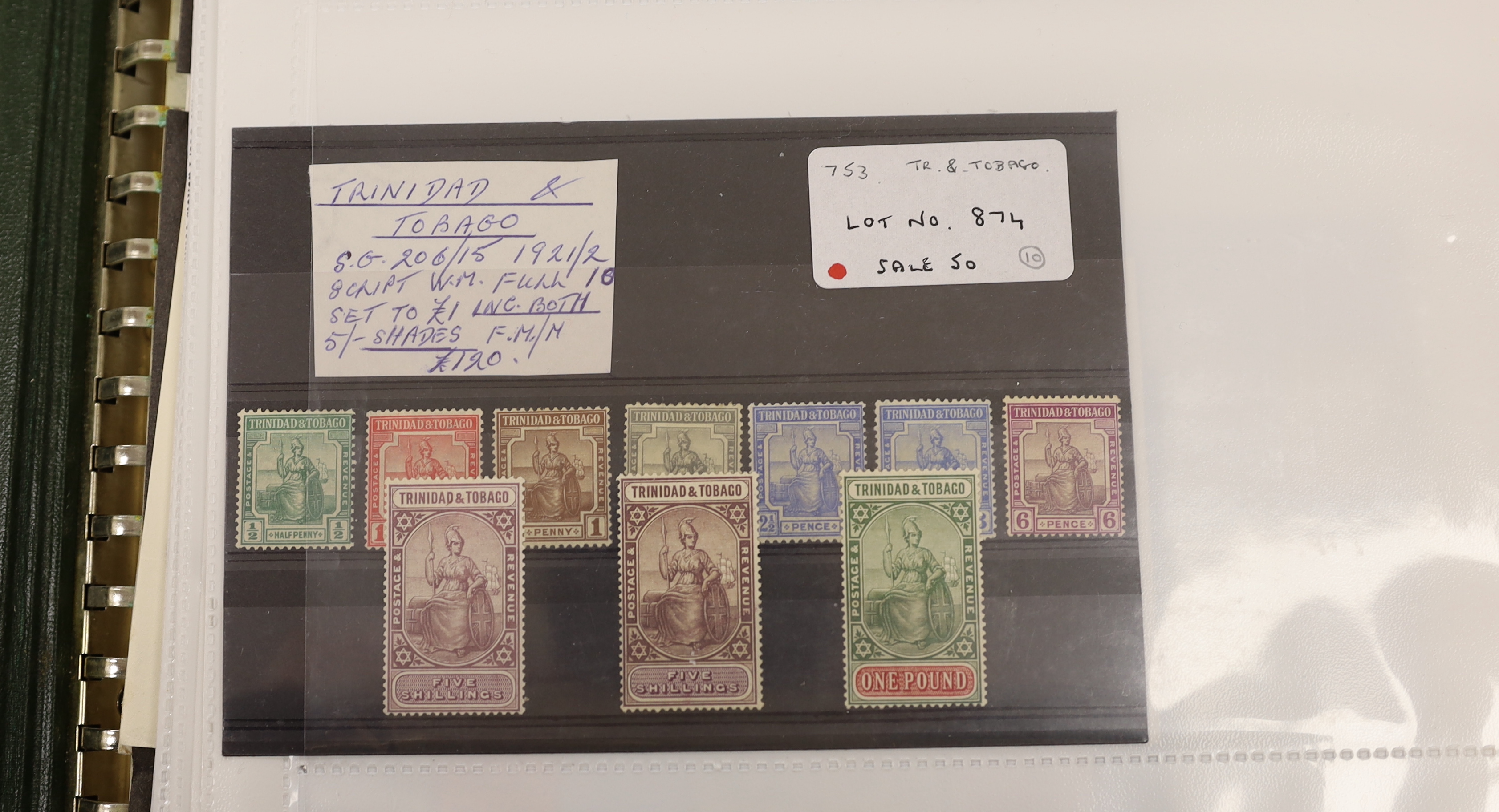 Various stamps including Rhodesia Admirals to £1, Trinidad and Tobago 1869 5/-, 1913 £1, 1921 1/2d to £1, 1921-22 set, 1904 set to £1, also a collection of Germany in an album